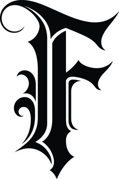 Gothic alphabet letter f monogram with sharp split stems and decorative floral swirls in black.