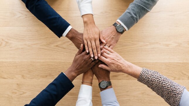 Diverse business team stacking hands together in unity, symbolizing collaboration, partnership, and teamwork success. view of multiethnic colleagues joining hands over wooden table