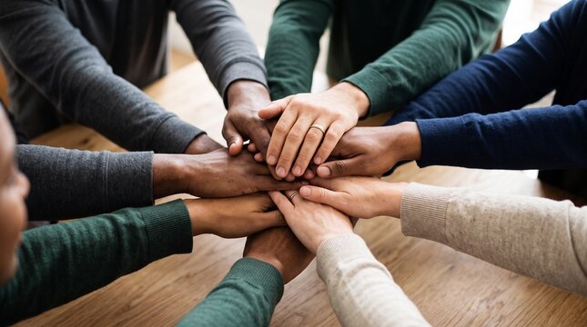 Top view of diverse multiracial hands stacked together on wooden table representing unity teamwork and community support