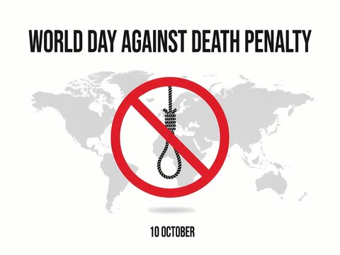 World day against death penalty poster with a red prohibition sign and a rope noose over a global map for human rights awareness on october 10