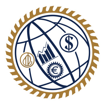 A circular emblem featuring a globe with a bar chart, dollar sign, and euro symbol surrounded by a gear pattern on a clean white background