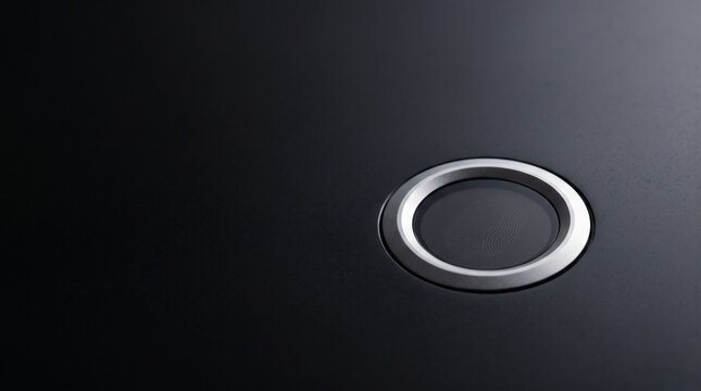 Minimalist silver ring button embedded in a smooth matte black surface