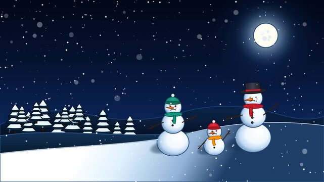 A vibrant cartoon winter night animation featuring a trio of cheerful snowmen on a rolling snowy hill under a luminous moon, stylized pine trees, and gentle falling snow.