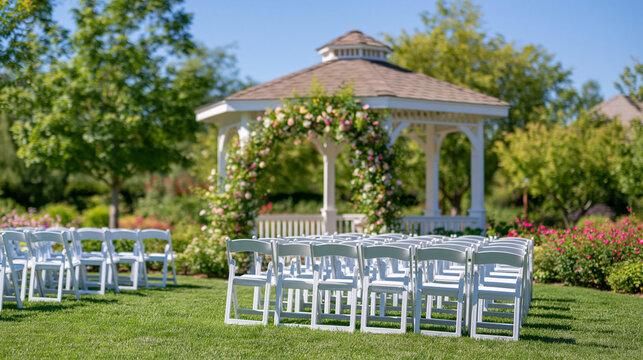 Bright outdoor wedding ceremony setup with a sophisticated white gazebo tent, lush garden landscape, empty guest chairs arranged in orderly rows, abundant floral arch with fresh seasonal flowers, el