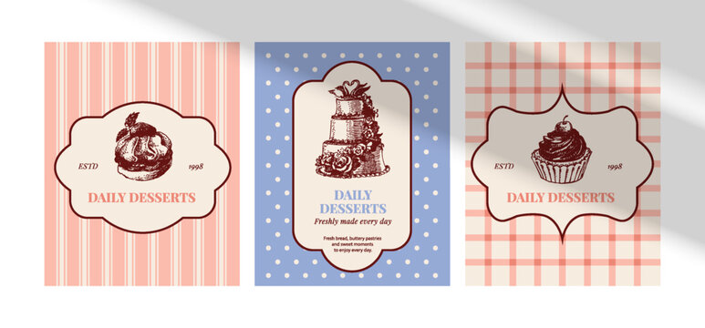 Vintage confectionery bakery label frame set. Hand drawn pastry, rustic backgrounds. Branding, menu, flyer, packaging, cafe design. Vector illustration template posters.