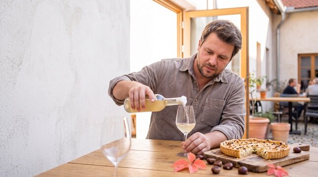 Winzer gie&szlig;t jungen Wein in ein Glas auf der Terrasse
