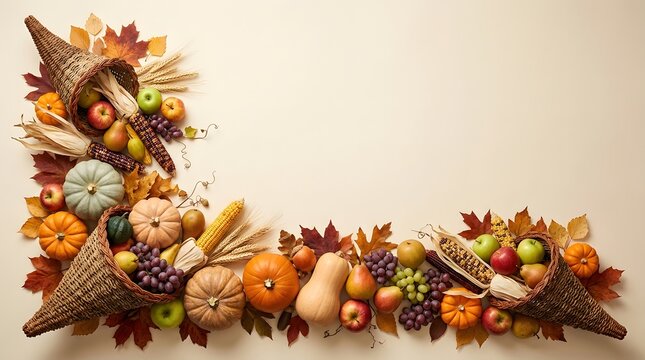 Elegant thanksgiving cornucopia border frame with autumn fruits and vegetables on cream background