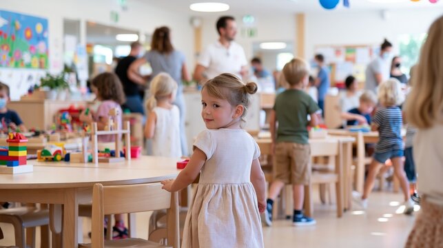 Little girl in a bright busy kindergarten classroom with children playing and adults in the background, modern early childhood education concept