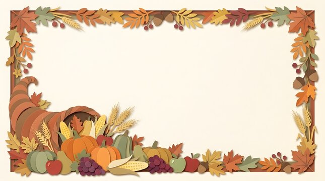 Luxury paper cut style cornucopia border frame with autumn harvest elements on cream background