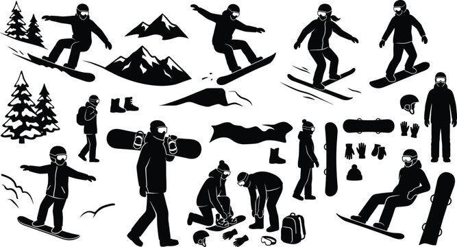 Winter snowboarding family silhouette collection featuring snowboarders jumping on snowy mountain slopes with pine trees and gear vector