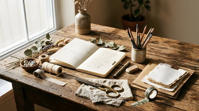 Open notebook, vintage scissors, and craft supplies on a weathered wooden table near a window with natural sunlight