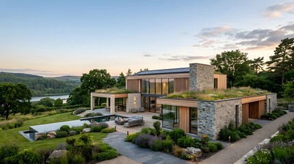 Obraz premium Contemporary stone and timber house with a green living roof, featuring a swimming pool and landscaped garden at sunset near a lake