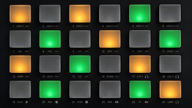 Music production controller grid with glowing orange and green backlit rubber pads