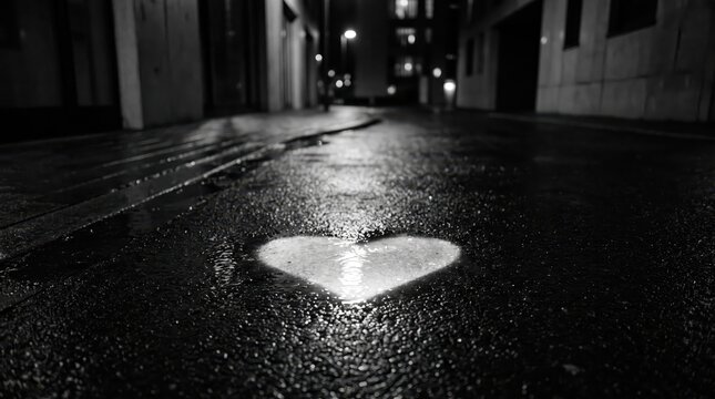 Romantic heart shaped puddle reflection on wet asphalt street at night, urban romance, rain weather, love symbol, emotional atmosphere, black and white photography, city life