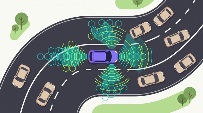 illustration of an autonomous purple car using sensor detection systems to navigate traffic safely, featuring radar waves and hexagonal grids to visualize self-driving technology
