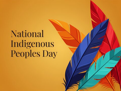 National indigenous peoples day greeting card design with colorful feathers on a warm yellow background