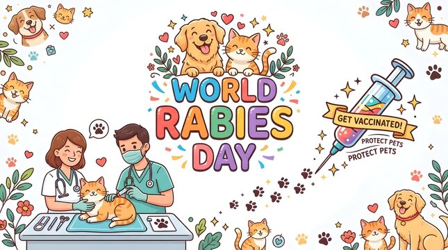 World rabies day illustration with veterinarians vaccinating a cat, surrounded by cute pets and medical symbols