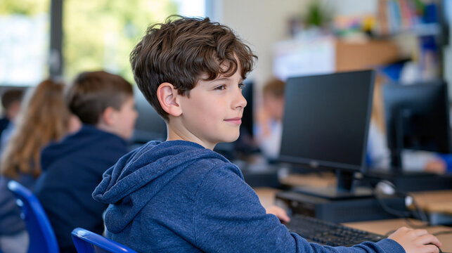Rear view of several children seated at computer desks during a digital learning class, focused on monitors in a bright school computer lab, faceless composition, modern educational technology, neat