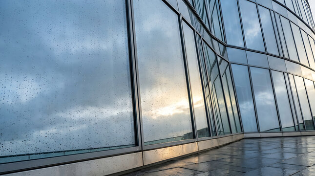 Modern glass skyscraper exterior reflecting a cloudy sky and sunset light on a rainy day