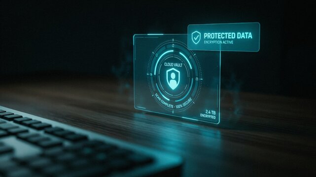 Cybersecurity protected data hologram on office desk, glowing digital encryption interface with cloud vault security, futuristic network safety and privacy concept.