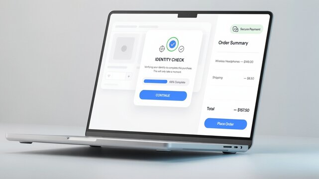 Secure payment identity check on laptop screen, digital order summary with biometric verification interface, online shopping checkout process on silver notebook computer