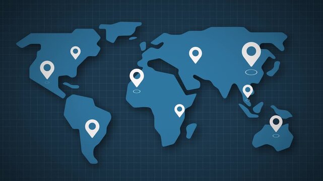 Modern digital world map with white location pins on a dark grid background showcasing global business network