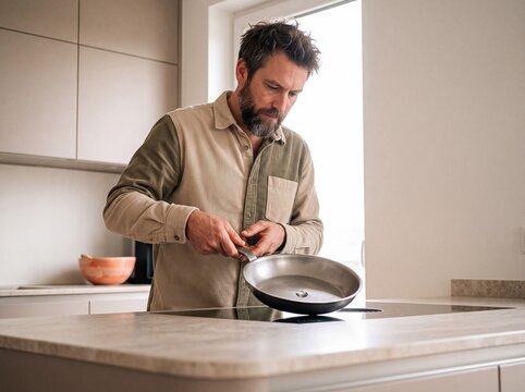 Mann pr&uuml;ft Pfanne mit Wassertropfen auf dem Induktionsherd
