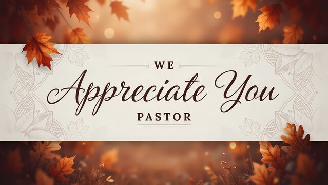 We appreciate you pastor sign with autumn maple leaves and warm seasonal colors for church greeting and ministry appreciation event design