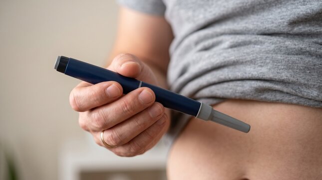Close up of diabetic patient holding blue insulin injection pen near abdomen, depicting self-administered diabetes treatment, blood sugar management, and medical care