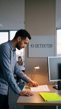 Mann pr&uuml;ft Dokument im B&uuml;ro unter dem Schild KI-Detektor