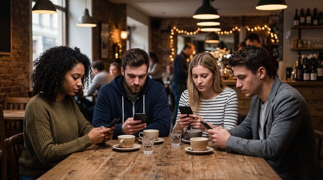Group of young multiethnic friends sitting together in cafe ignoring each other while looking at smartphones, symbolizing social alienation, phone addiction, and phubbing