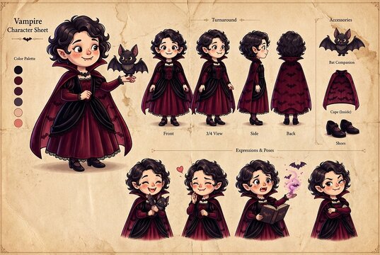 Halloween child vampire with magic bat character sheet