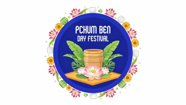 Pchum ben day festival celebration graphic with traditional bowl and lotus flowers in a colorful circular frame