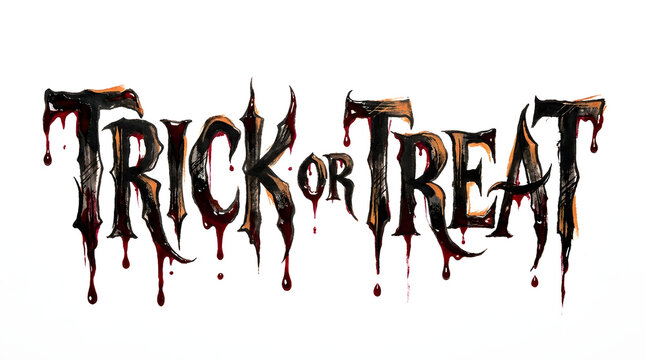 A spooky halloween trick or treat text design featuring dripping blood and dark gothic lettering isolated on a clean white background for holiday projects