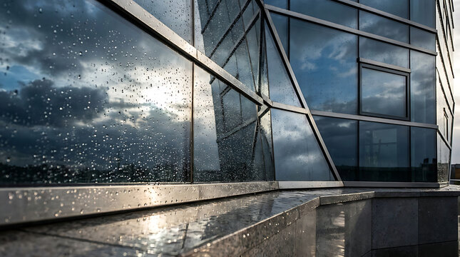 Dramatic reflection of a cloudy sky on the raindrops covered glass facade of a modern architectural building
