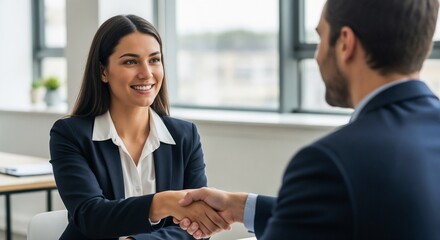 Obraz premium Job candidate handshake between smiling professional and interviewer across bright office, confident job candidate handshake showing firm grip, open posture, tailored suit and positive body language.