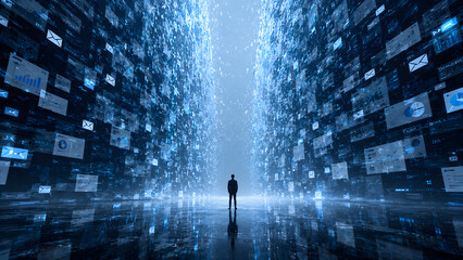 Premium conceptual illustration representing data and information overload, featuring a person standing beneath an enormous cascade of falling digital data, documents, numbers, charts, notifications, 