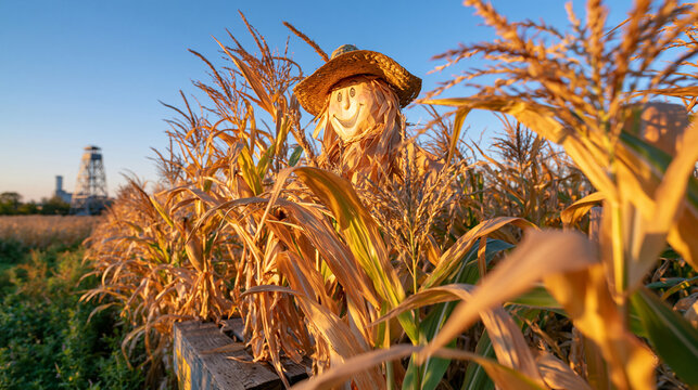 Wide panoramic view across an autumn corn maze with a smiling wooden scarecrow positioned on a rustic platform among the corn, tall golden stalks stretching toward the horizon, wooden watchtower sil
