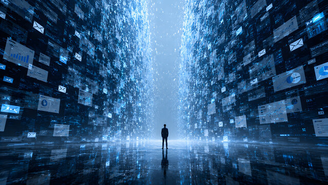 Premium conceptual illustration representing data and information overload, featuring a person standing beneath an enormous cascade of falling digital data, documents, numbers, charts, notifications, 