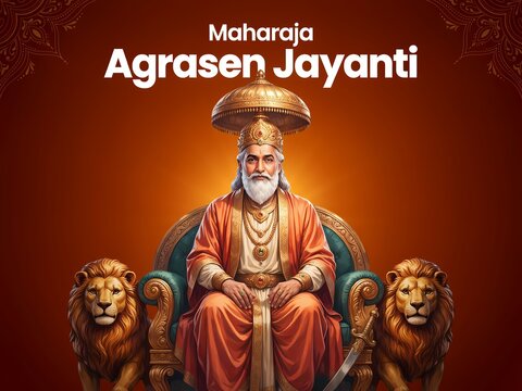 Maharaja agrasen jayanti celebration with traditional indian king sitting on a throne with golden lions in a royal festive background