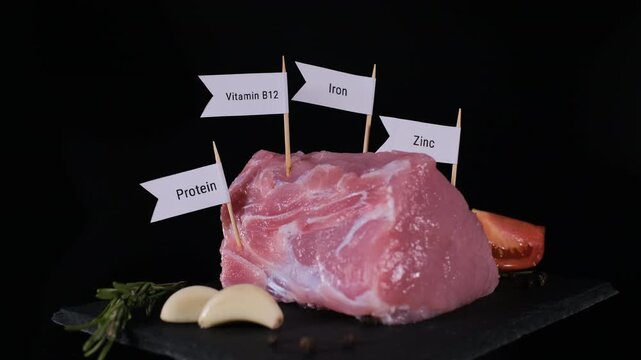 Pork rotates on black slate with protein, iron, vitamin B12 and zinc labels inserted into the meat beside rosemary, garlic, tomato and pepper. Meat nutrition concept