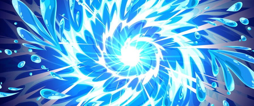 Dynamic water splash with cartoon waves and drops, comic book vector background with abstract liquid explosion. Blue aquatic burst for summer game or anime posters, pop art design with swirl motion