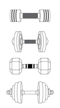 Collection of dumbbells in different shapes and styles. Minimal outline vector set for gym, fitness, bodybuilding, strength training and workout projects.