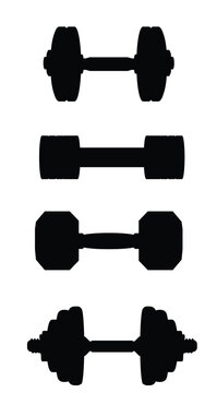 Collection of black dumbbell silhouettes in different shapes and styles. Minimal vector set for gym, fitness, bodybuilding, strength training and workout designs.
