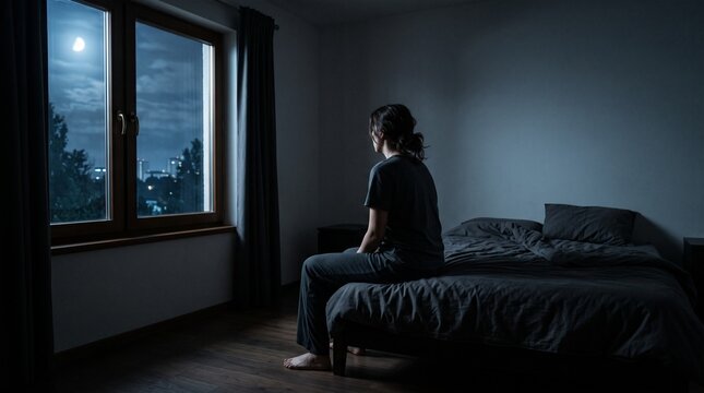 Lonely woman sitting on bed edge looking out window at moonlight night, symbolizing insomnia, loneliness, mental stress, depression, and restless night