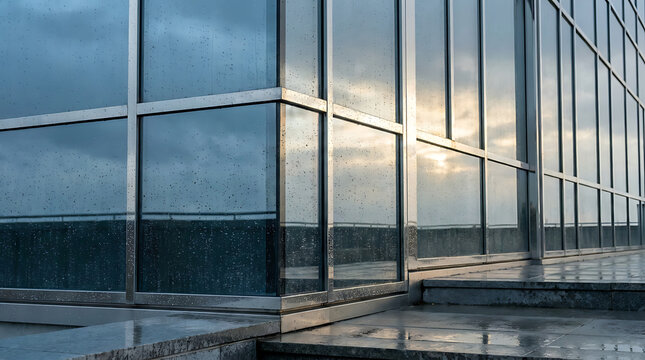 Reflective modern glass facade of an urban building after rain, showcasing architectural lines and sky reflections on a contemporary structure in an urban setting