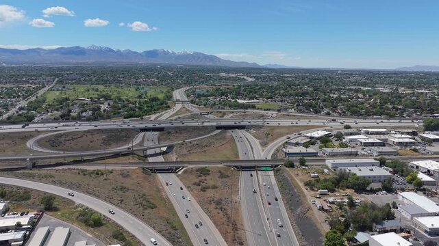 Drone view of I-15 and I-215 Interstate highway interchange