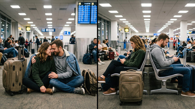 Relationship contrast concept showing loving couple hugging versus disconnected couple looking at smartphones in airport gate