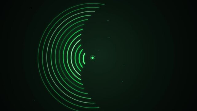 A modern, futuristic motion graphic featuring concentric neon green arcs forming a digital signal wave on a deep dark background, with a clean and minimal aesthetic.