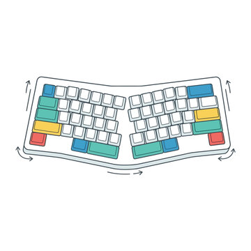 Ergonomic computer keyboard layout with colorful keys and motion arrows